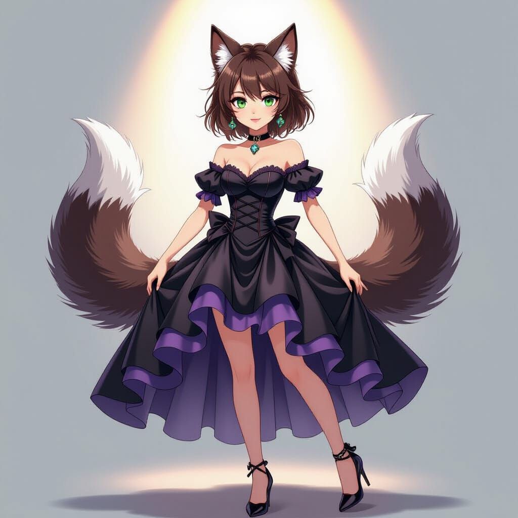 Anime Girl with Wolf Ears and Tails in Gothic Dress