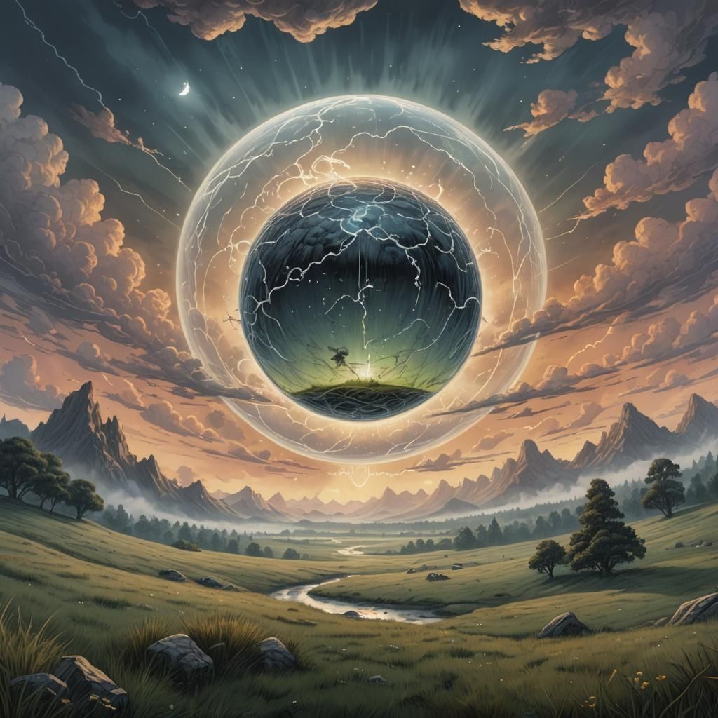 Orb Levitating Over Meadow at Dusk: Comic Book Style