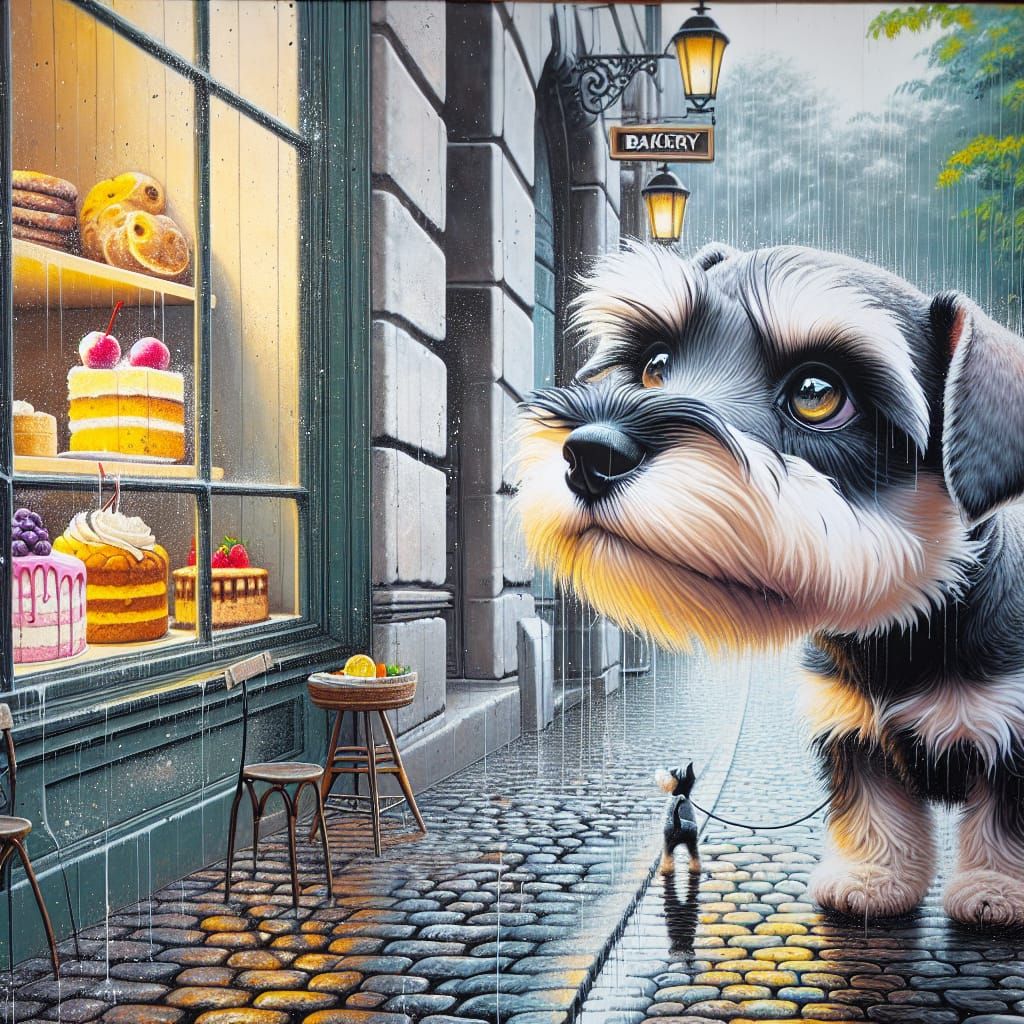 Miniature Schnauzer Puppy's Bakery Dream: Street Art Style