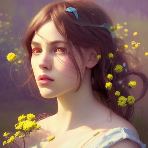 Girl in Sunny Meadow with Flowers: Hyperdetailed Portrait