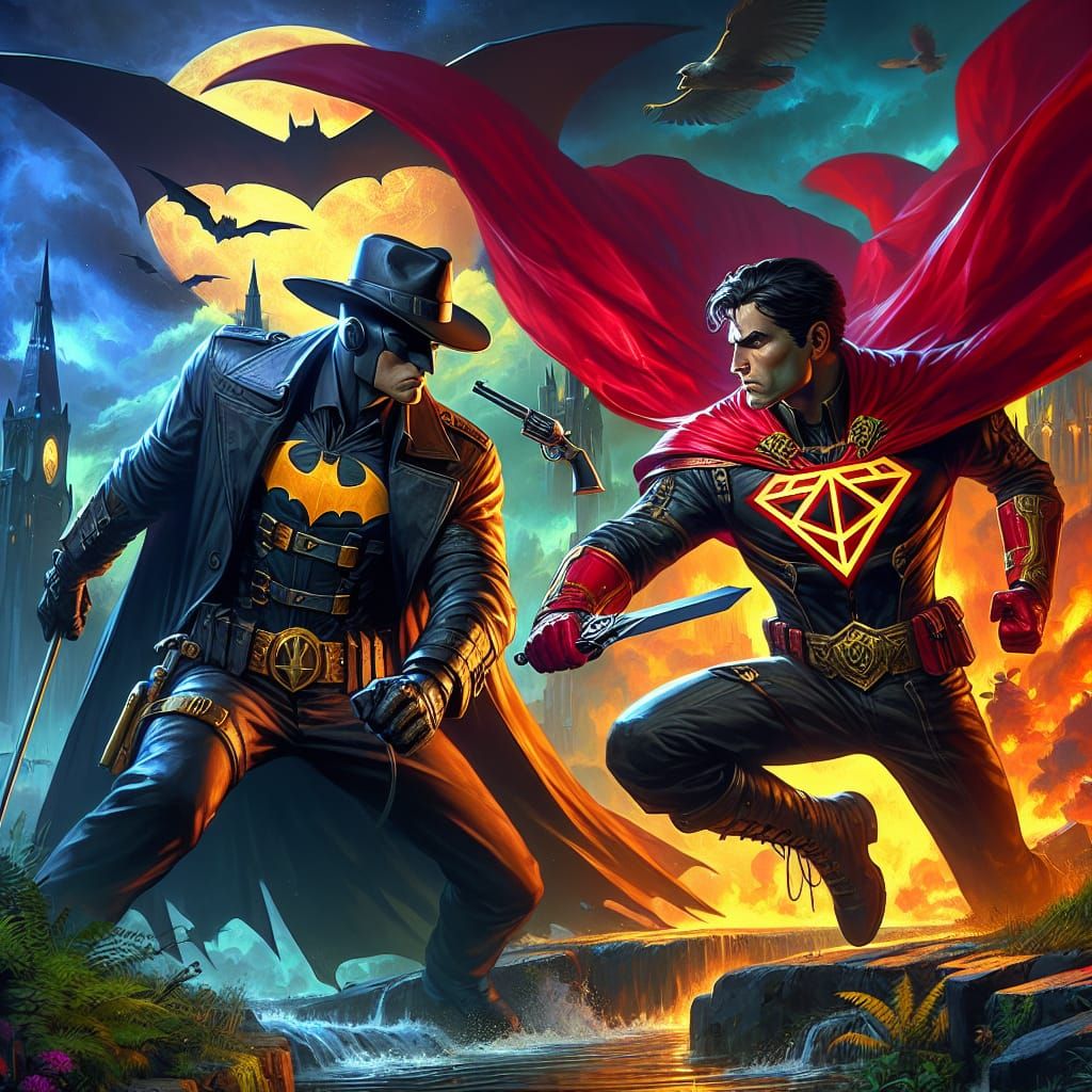 Noir Vigilante vs. Caped Hero in Detailed Matte Painting