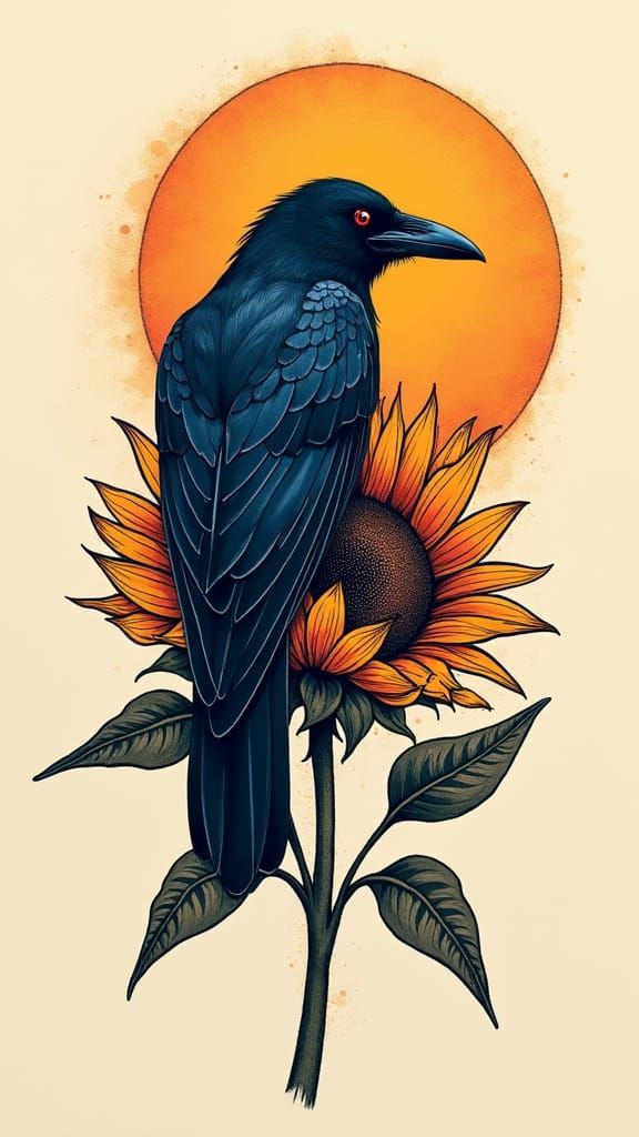 Surreal Raven on Sunflower in Sacred Geometry Tattoo Style