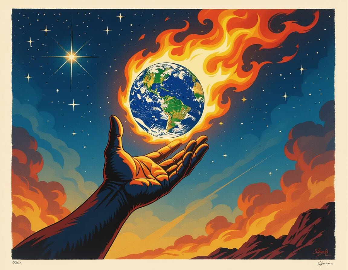 Epic Fantasy Flag with Fire and Stellar Globe