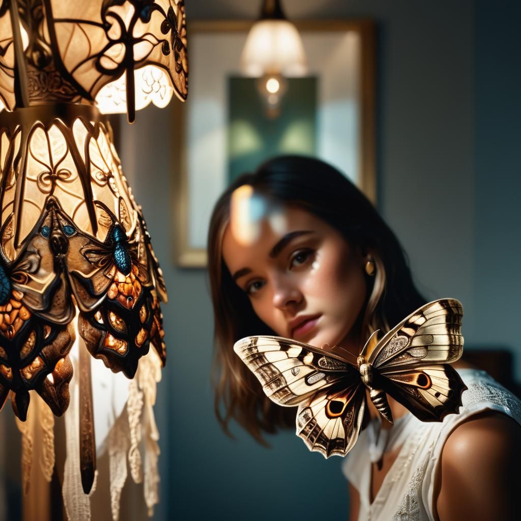 Girl Gazing at Ornate Moth Macro Photograph