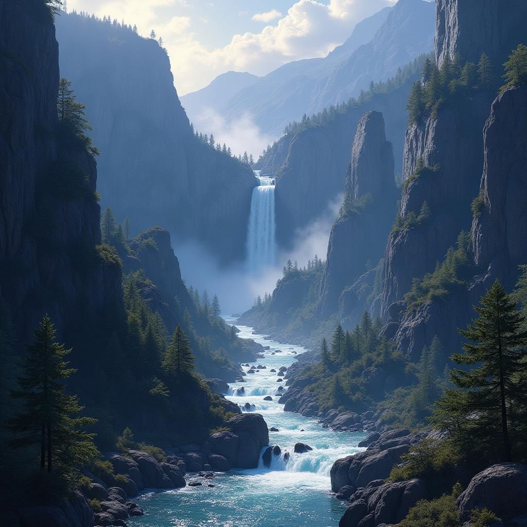 Mystical Waterfall Scene in Dark Fantasy Art Nouveau Style