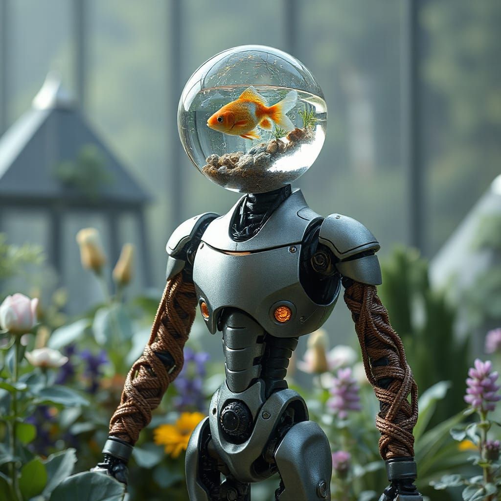 Futuristic Robot with Aquatic Head in Organic Garden