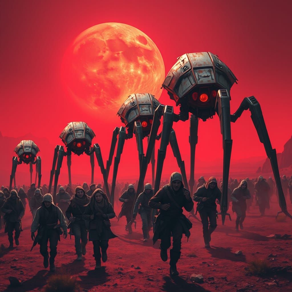 Giant Tripods Pursue People Across Fiery Red World