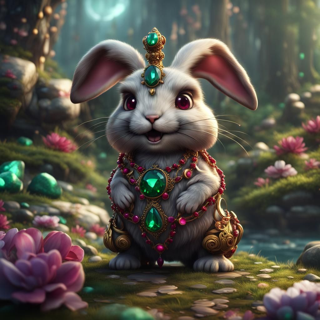 Rabbit with Emerald and Ruby Necklace