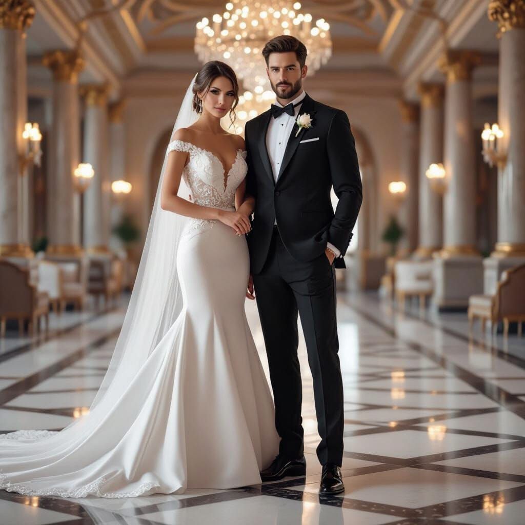 Couple in Wedding Attire in Grand Ballroom