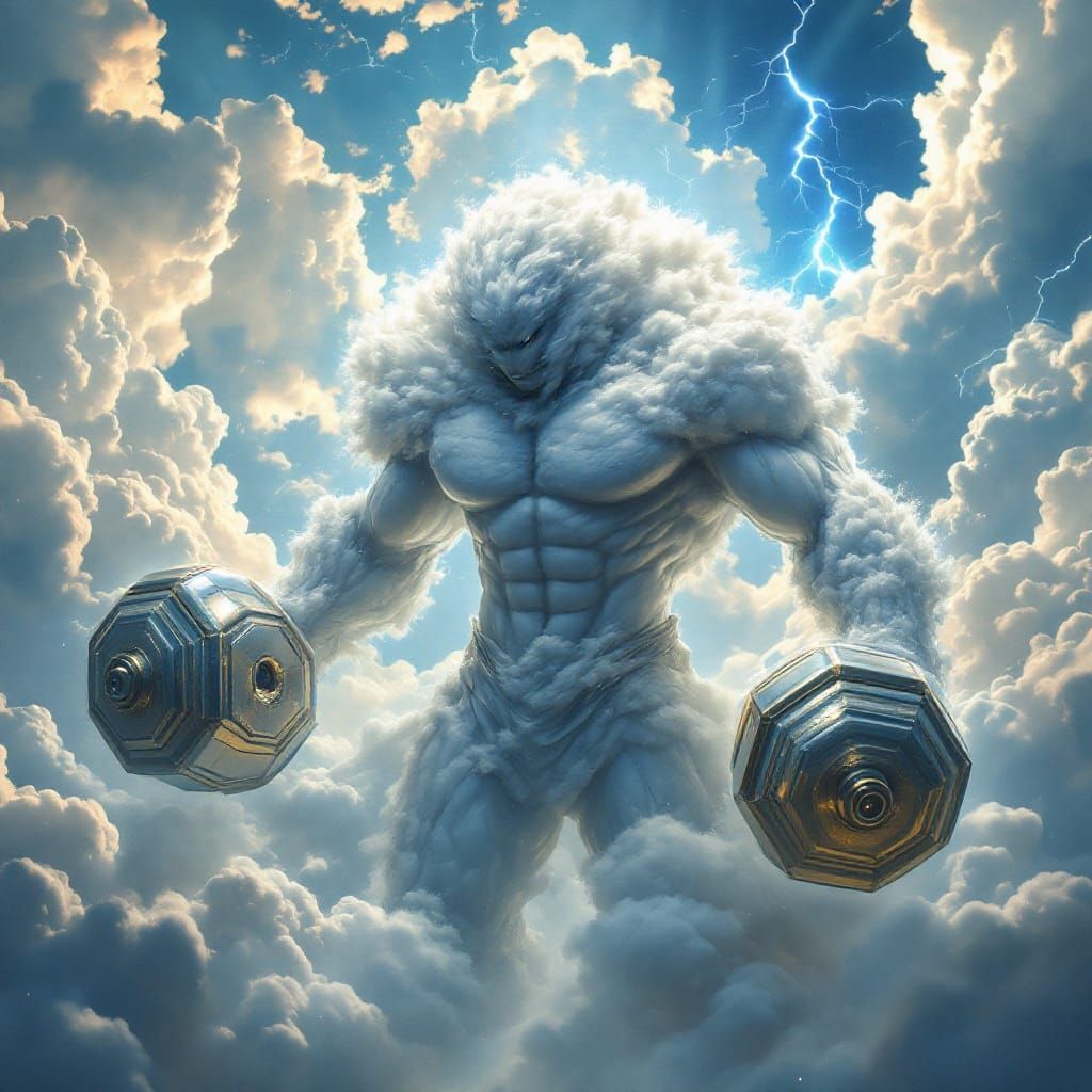 Cloud Superhero Lifting Weights in Watercolor Storm