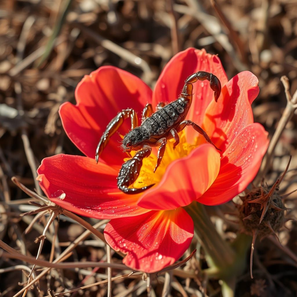Hyperrealistic Scorpion in Morning Desert Bloom