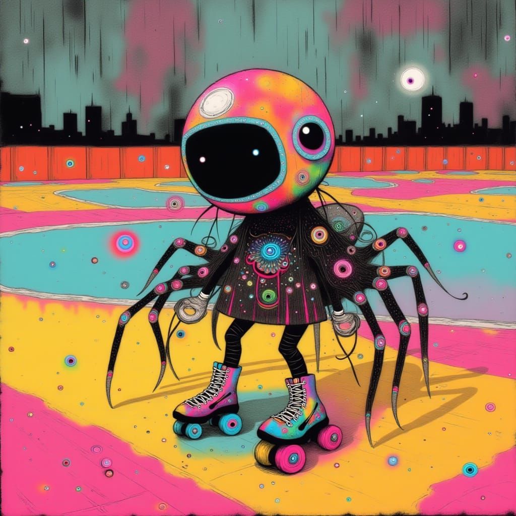 Jumping Spider on Roller Skates in Whimsical Style