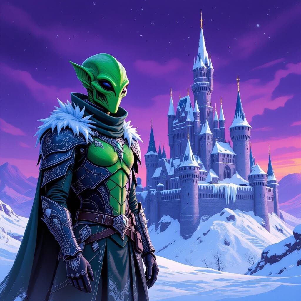 Green Alien Knight on Snowy Alien Planet
