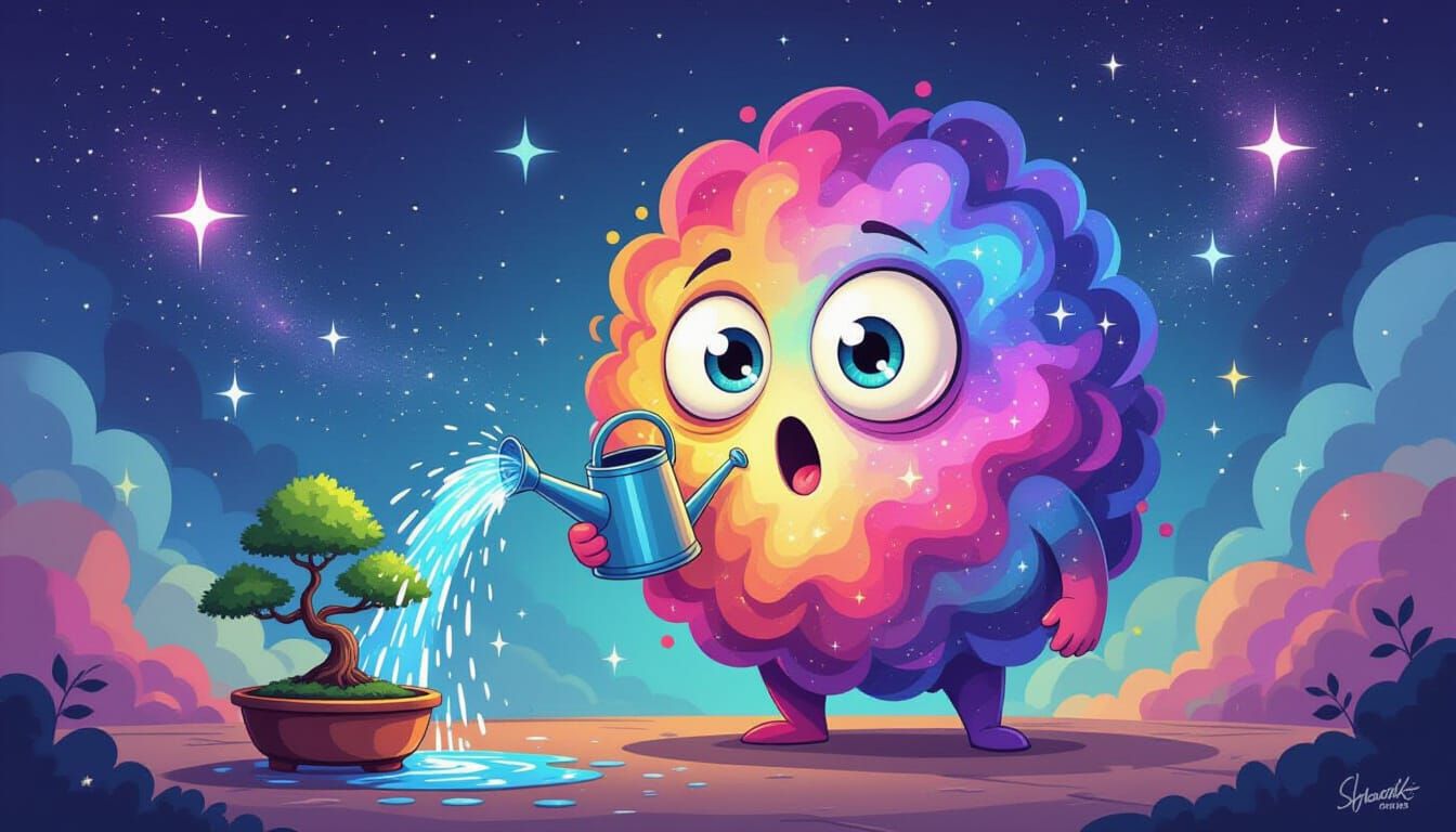 Cosmic Entity Caricature Watering Bonsai Tree