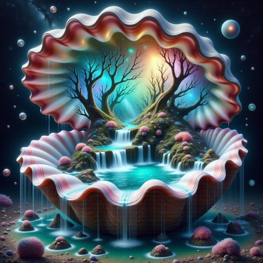 Galactic Seashell Waterfall in Ethereal Style