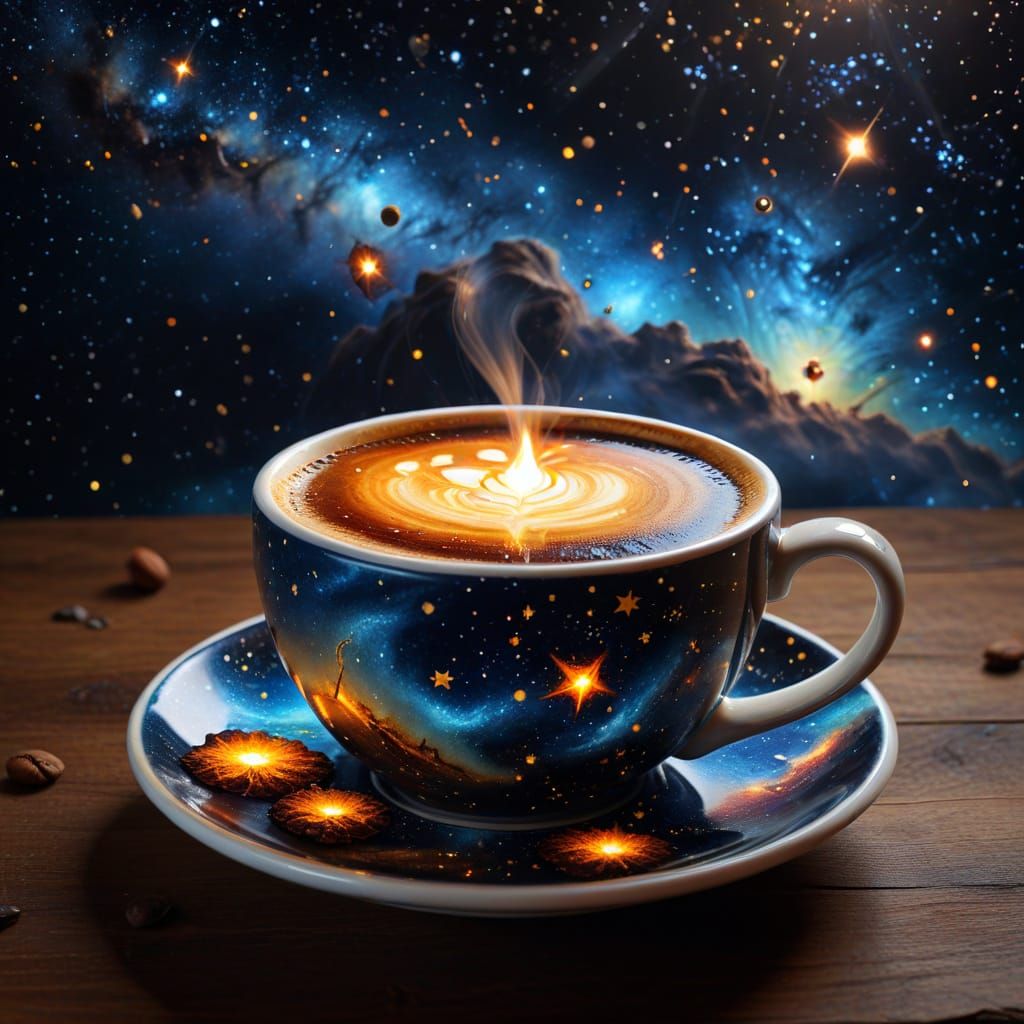 Cosmic Coffee Cup: 3D Ultrarealistic Oil Painting