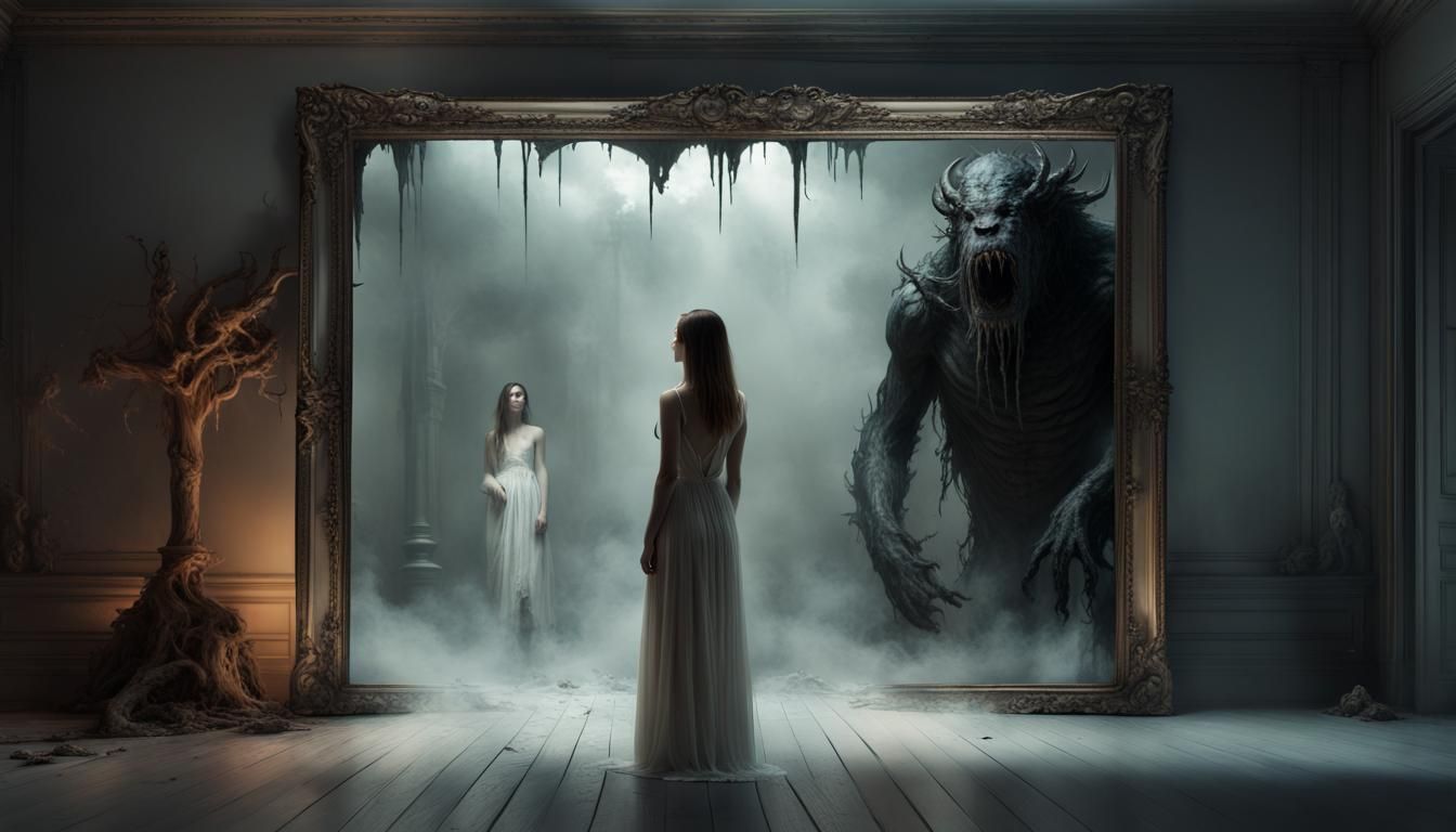 Mirror Reflection Reveals Dark Monster in Horror Image