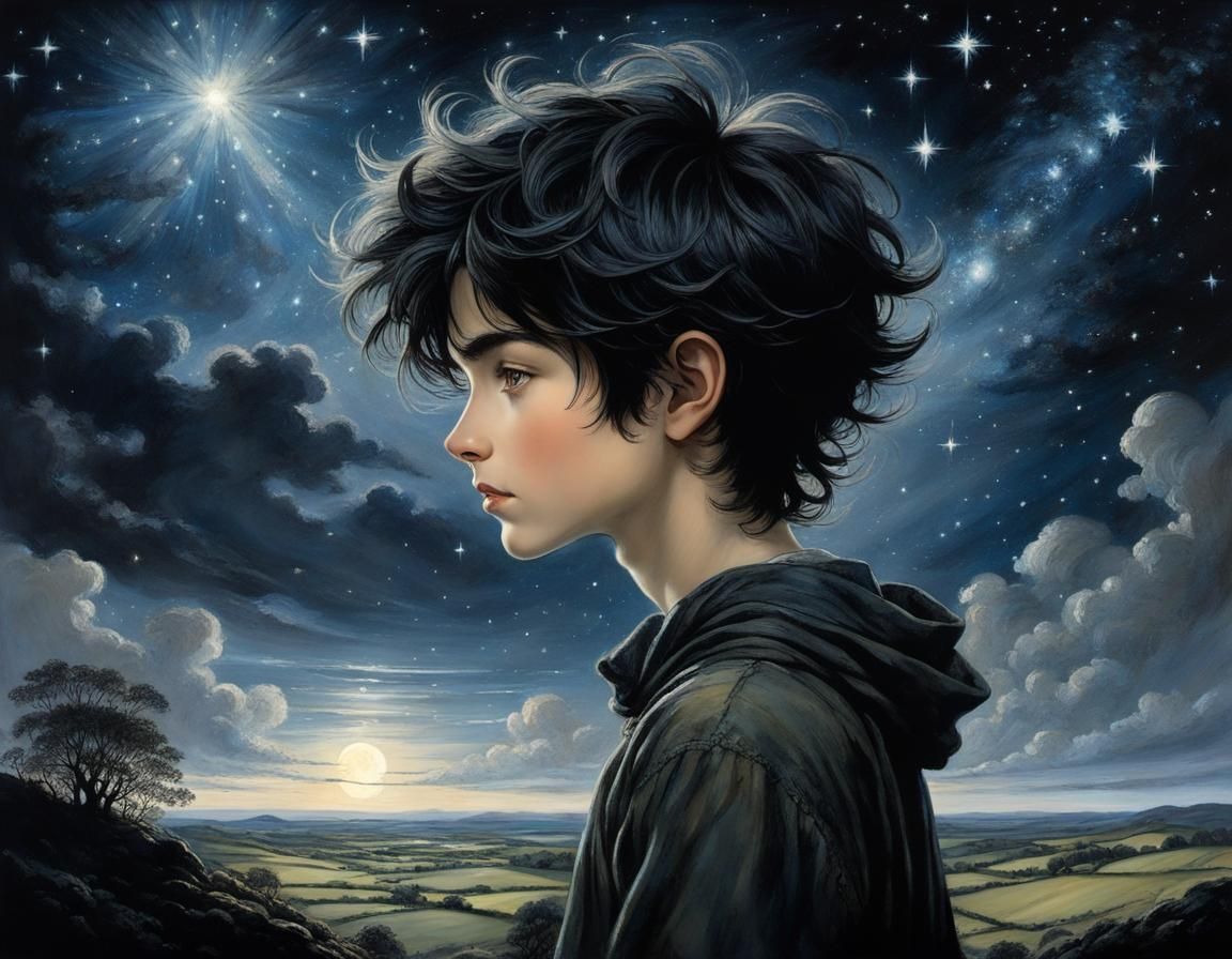 Boy Stargazing in Irish Countryside, Hyperrealistic Illustra...