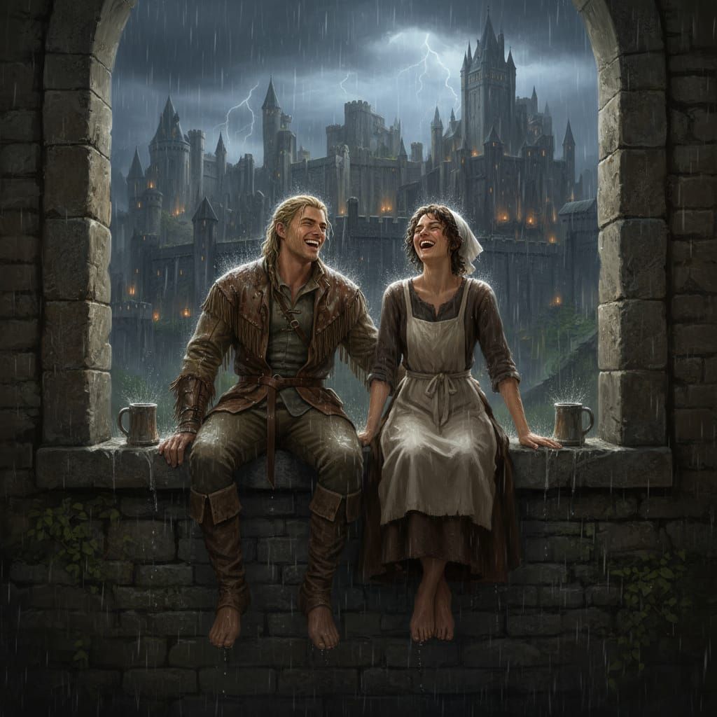 Medieval Couple Laughing in Castle Rain
