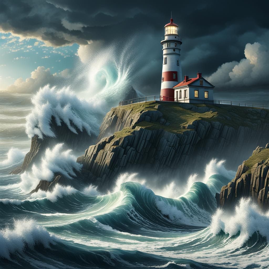 Dramatic Lighthouse on Cliff in Detailed Matte Painting