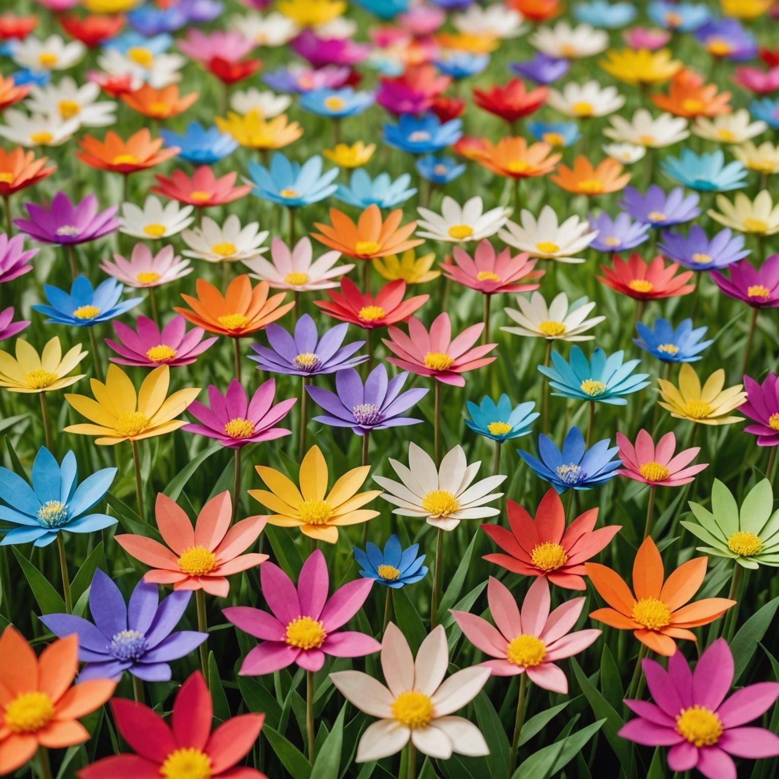 Colorful Origami Flowers in a Meadow