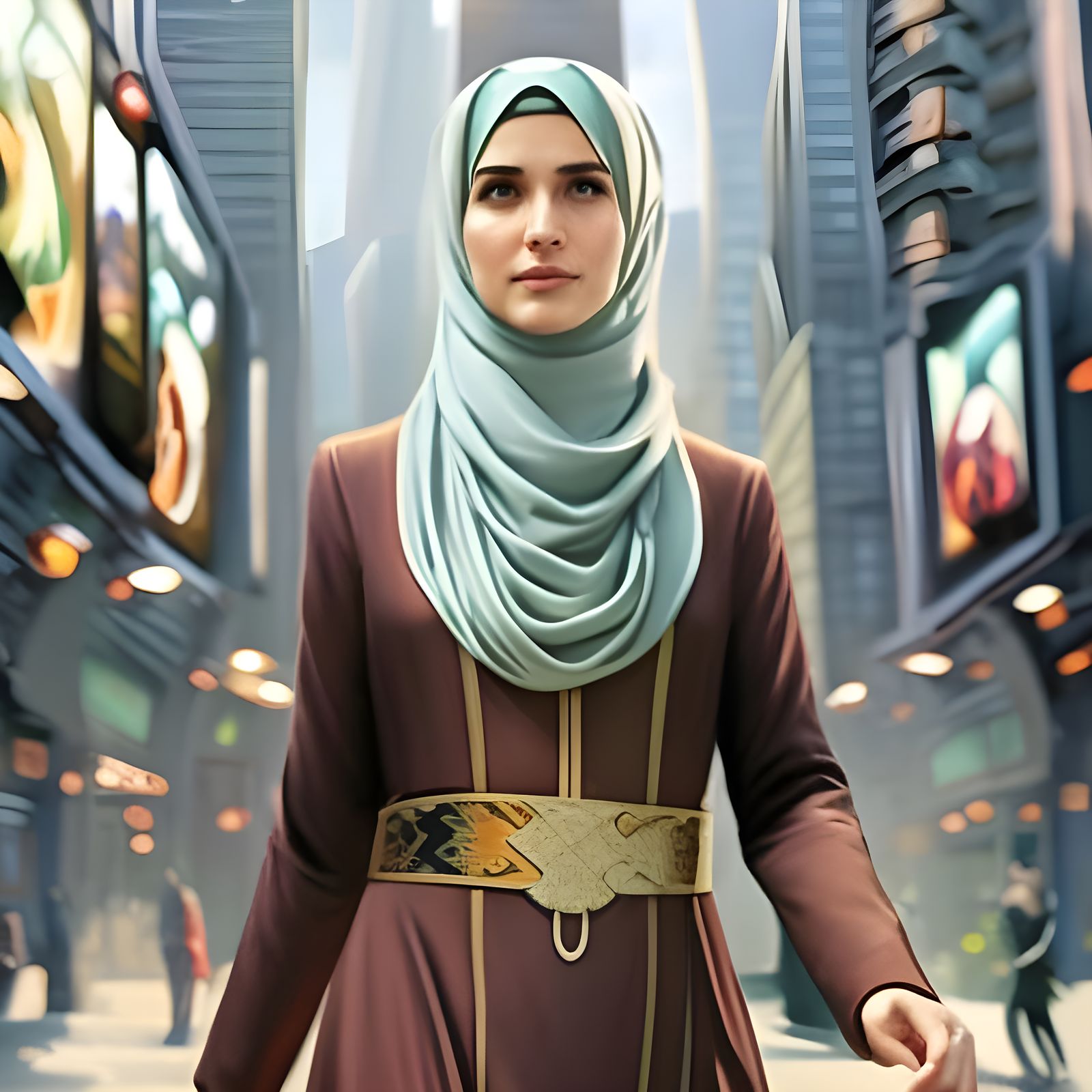 Woman in Hijab Walking in City: Detailed Portrait
