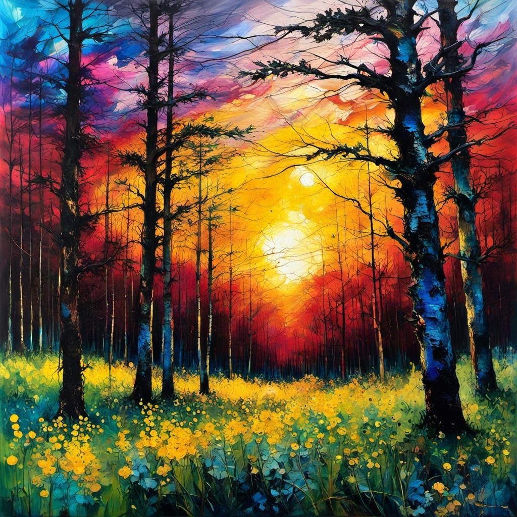 Chaotic Sunset Over Forest in Encaustic Alcohol Ink Style
