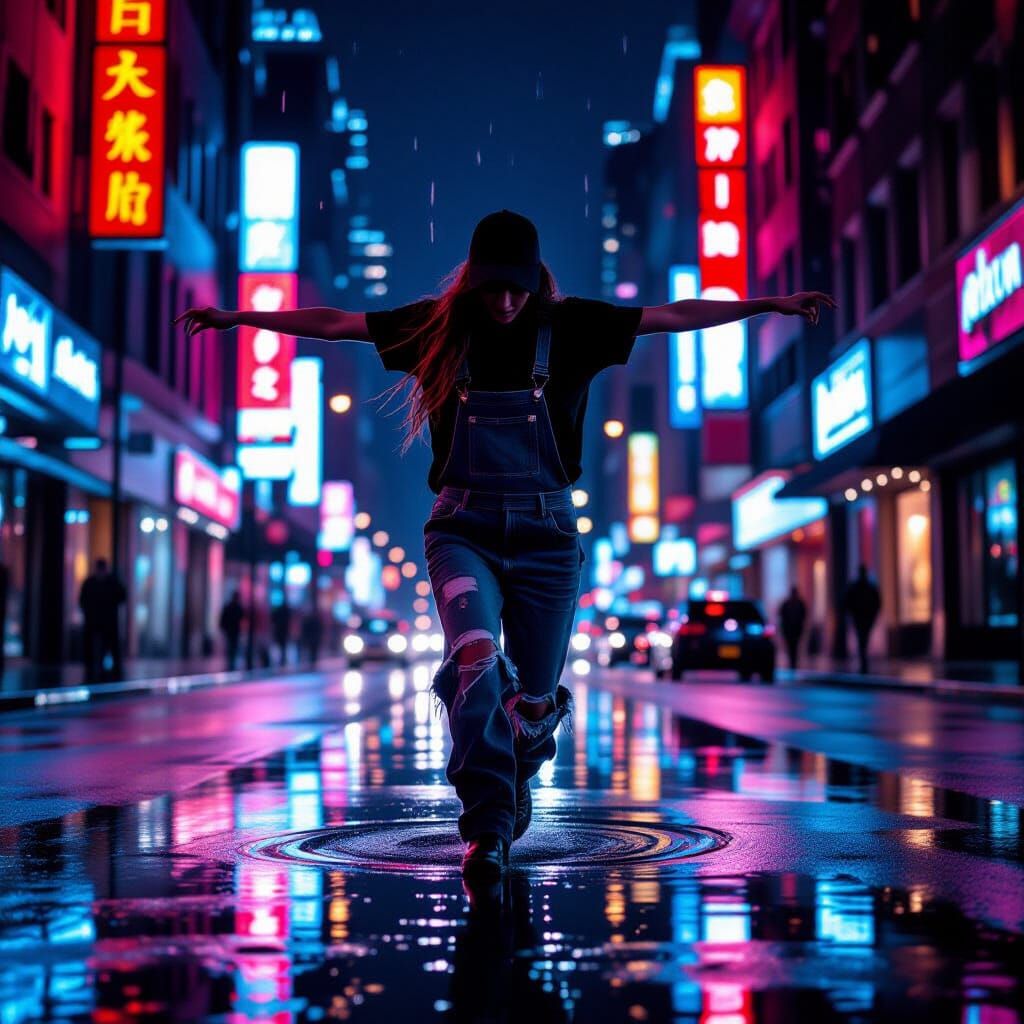 Dancer on Wet City Street at Night with Neon Reflections