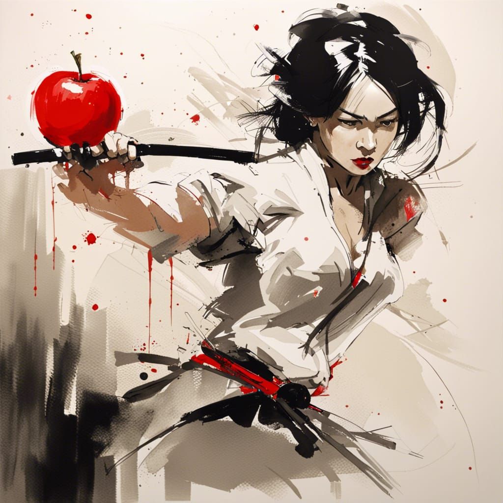 Kung Fu Snow White with Katana in Gouache Style