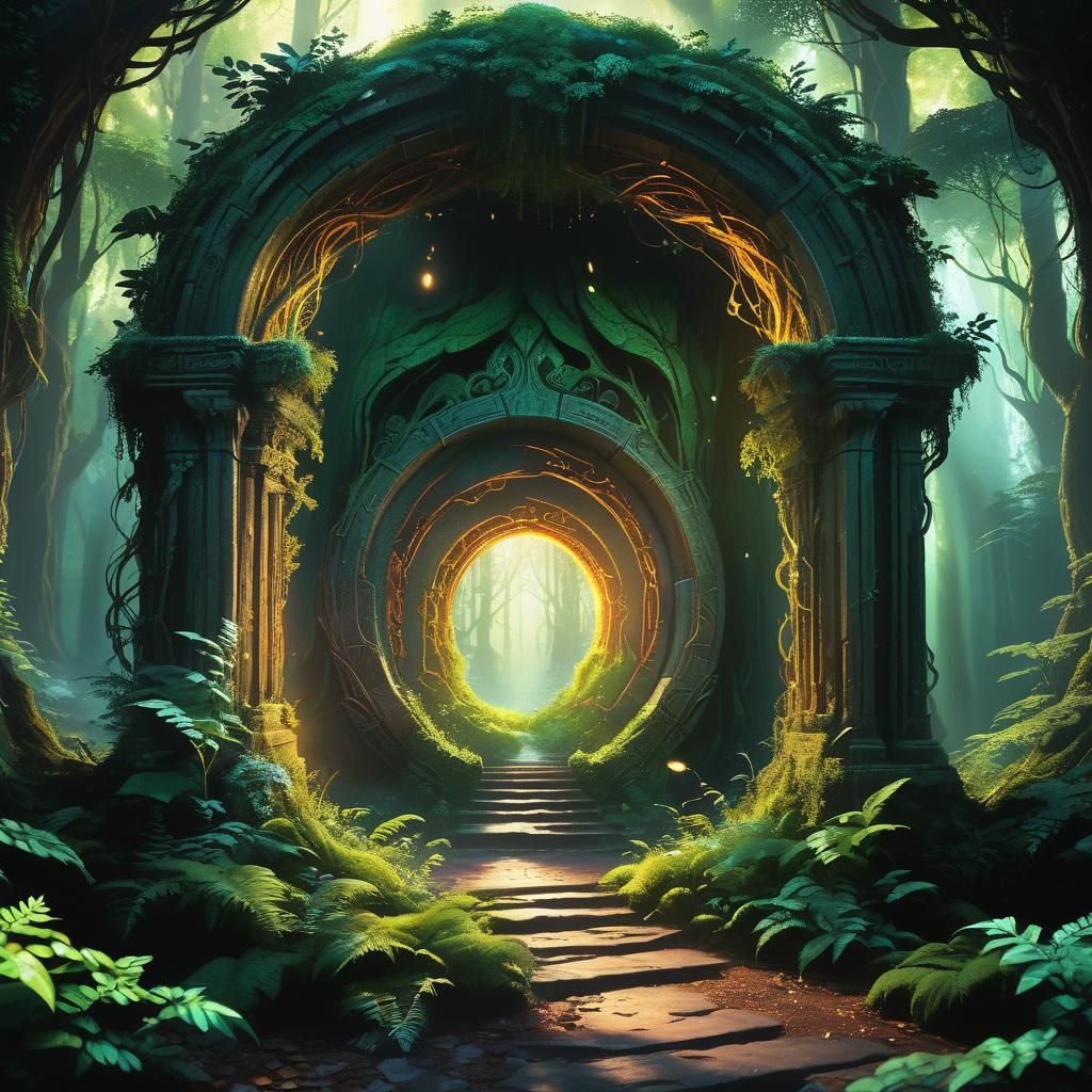 Mystical Portal in Lush Forest: Fantasy Concept Art