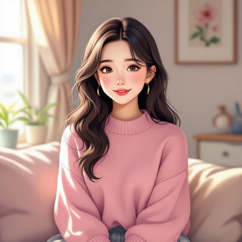 Cute Anime Girl in Pink Sweater and Grey Skirt