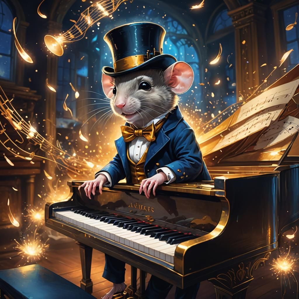 A moyse playing a piano as music notes magically float out i...