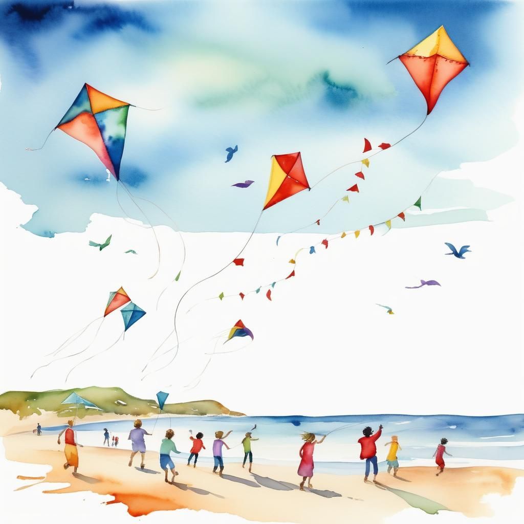 a groups of kids flying whimsical kites on the beach waterco...