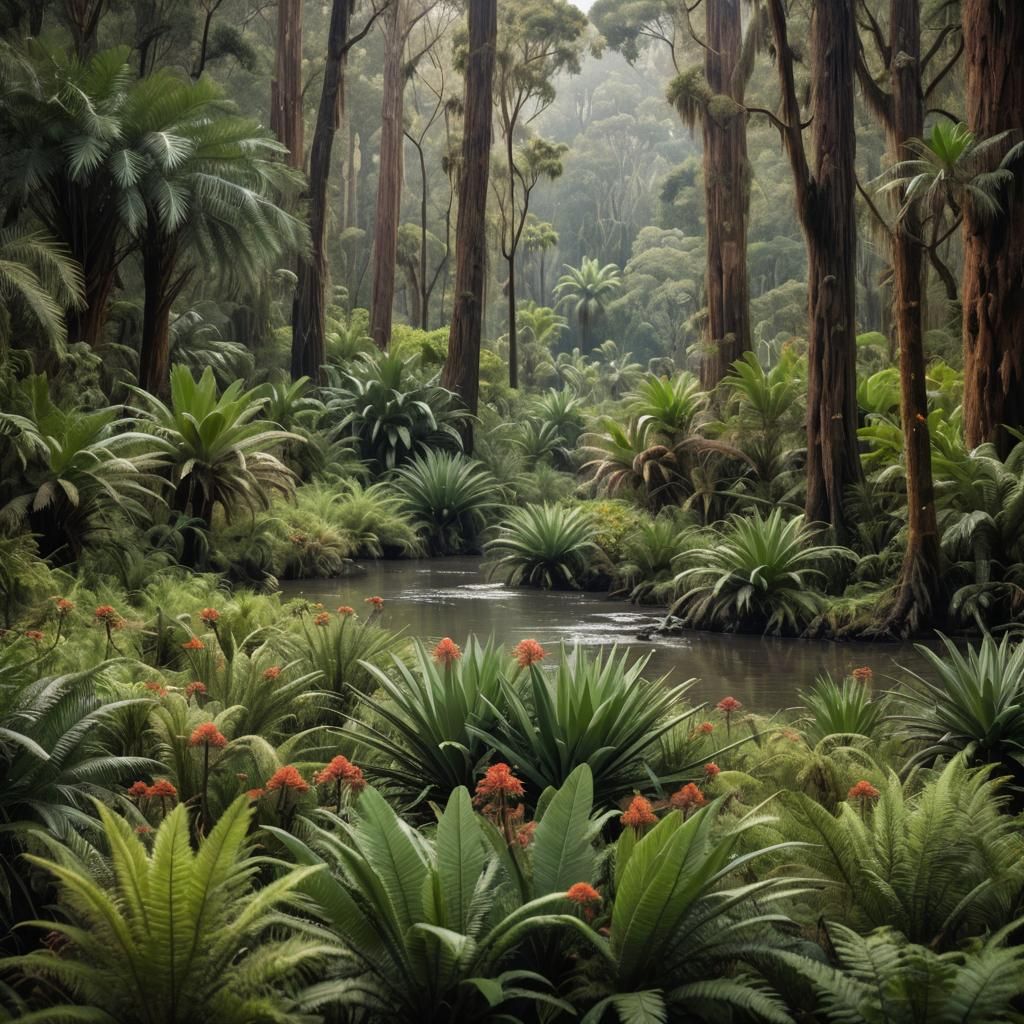 Cretaceous Redwood Floodplain: Subtropical River Scene
