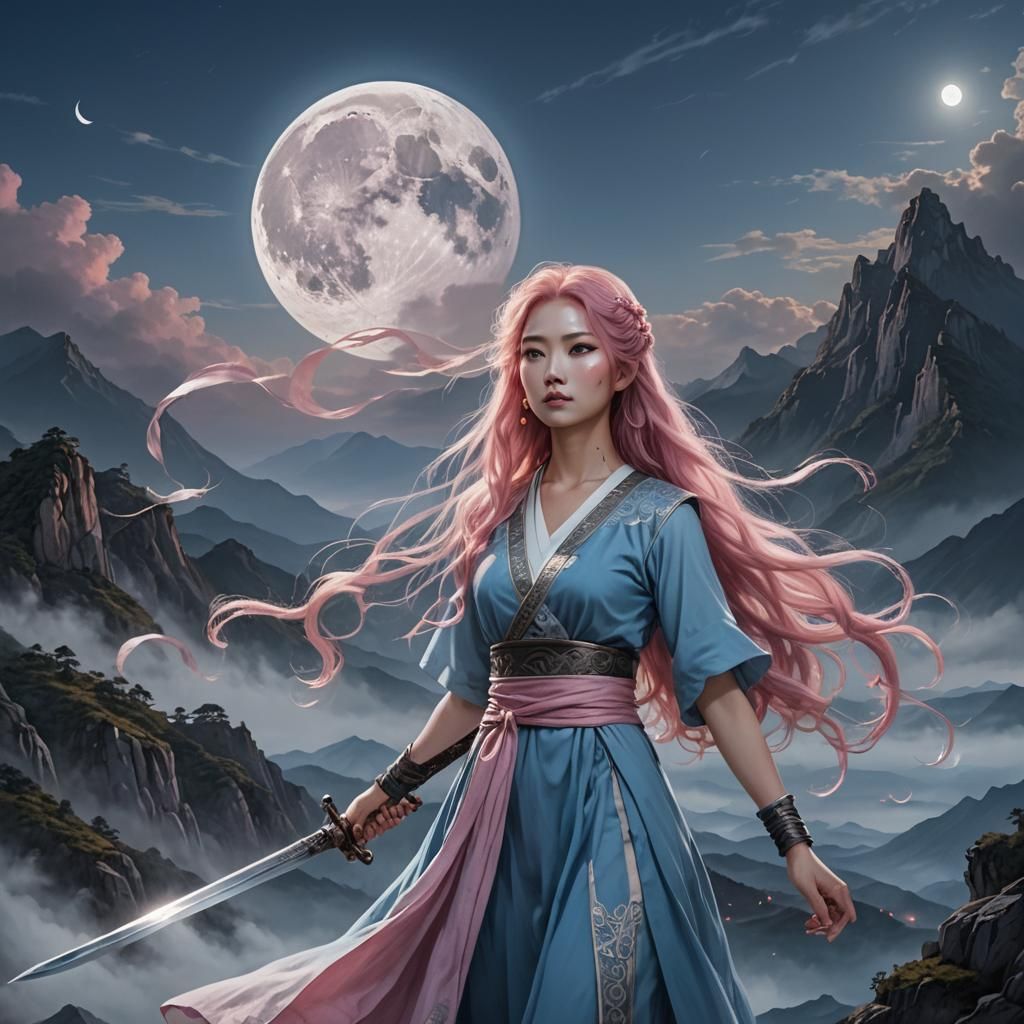 Asian Woman with Sword and Pink Hair