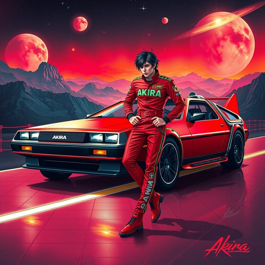 Cyberpunk Hero Leans Against Bright Red DeLorean on Glowing....