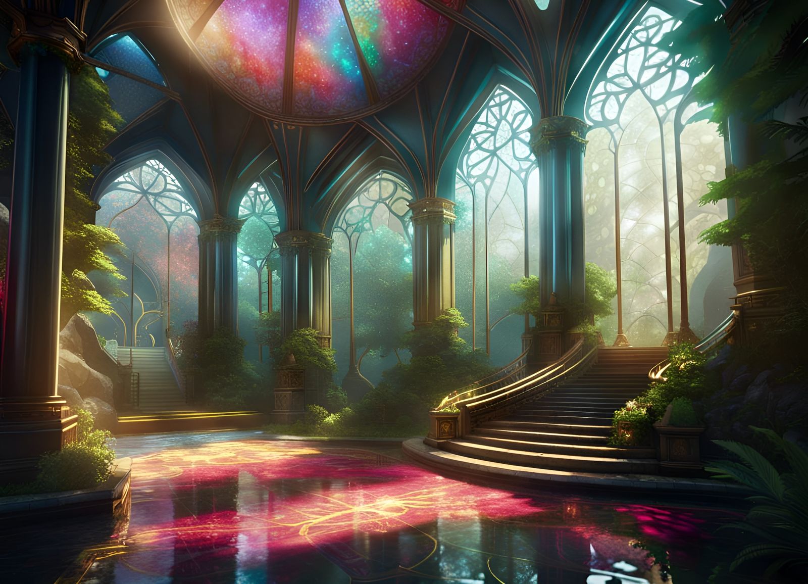 Elven Atrium with Ruby and Gold Filigree