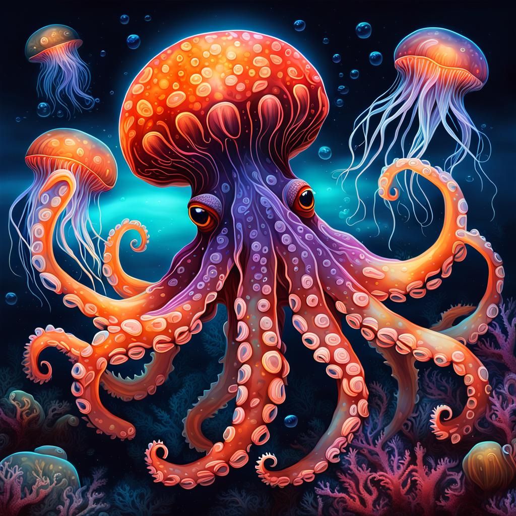 Luminous Neon Octopus in Twilight Oceanscape