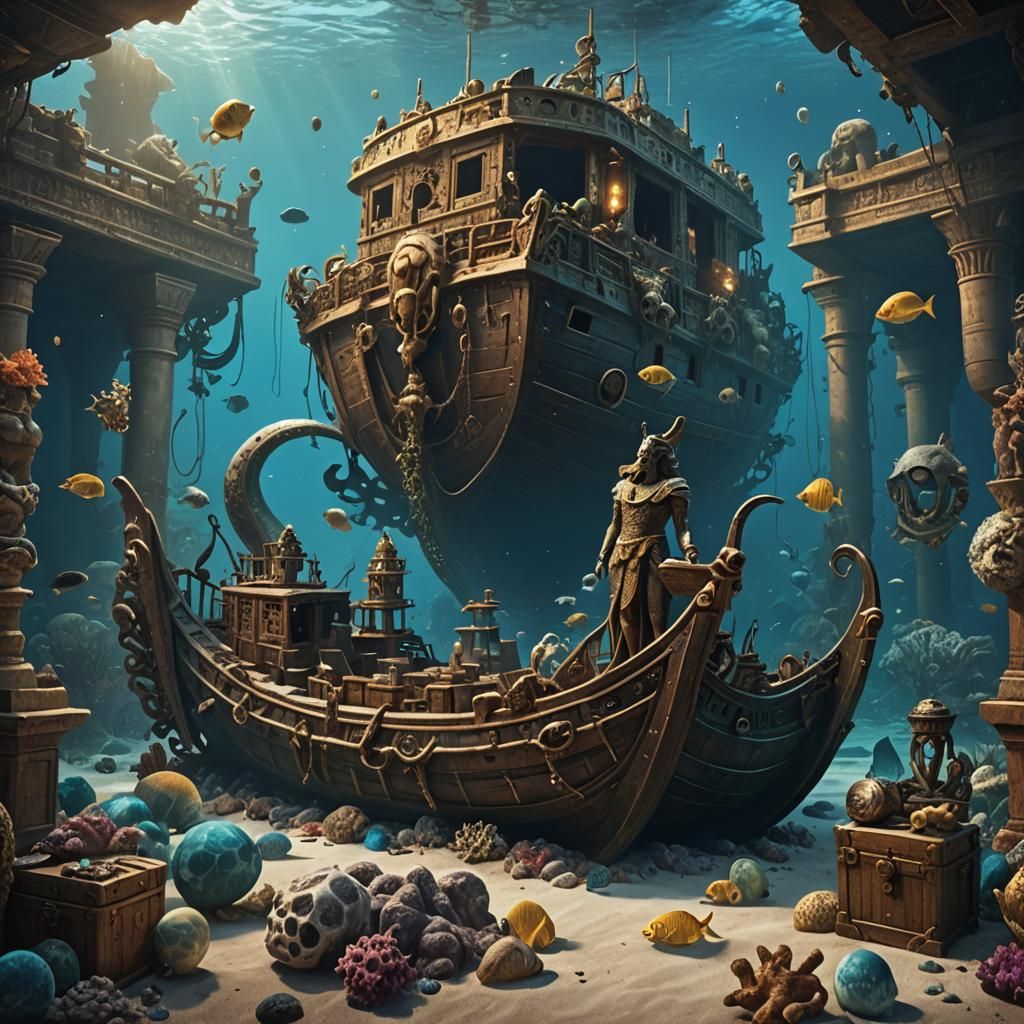 Egyptian Barge Shipwreck with Mermaid in Fantasy Art
