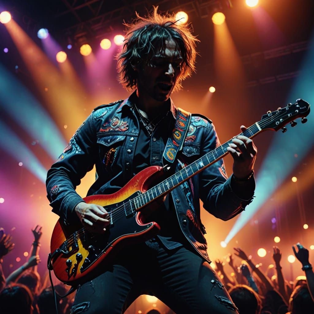 Musician Performing on Stage at Rock Concert