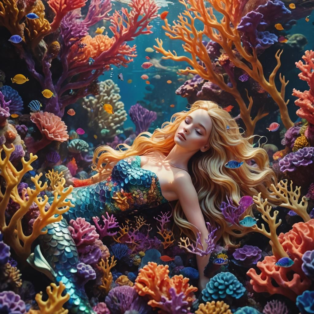 Mermaid in Coral Reef: Surrealist Underwater Dream