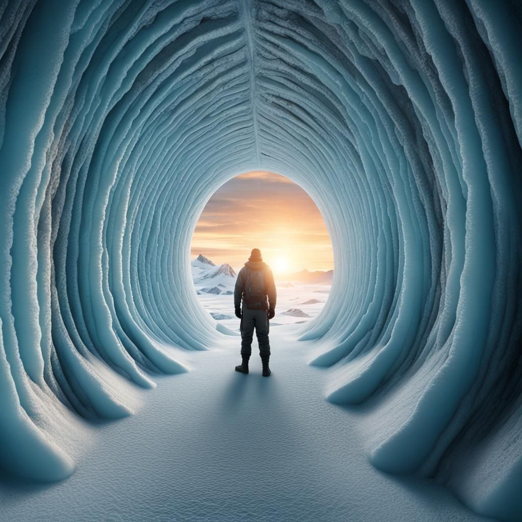 Antarctic Explorer in Ice Tunnel Optical Illusion