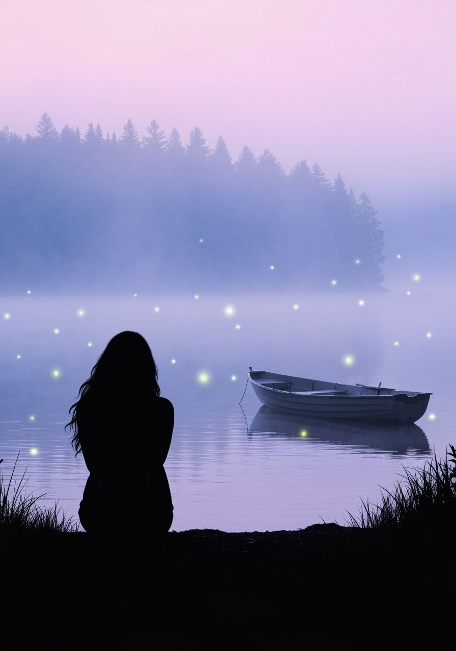 Misty Lake Silhouette in Pastel Colors