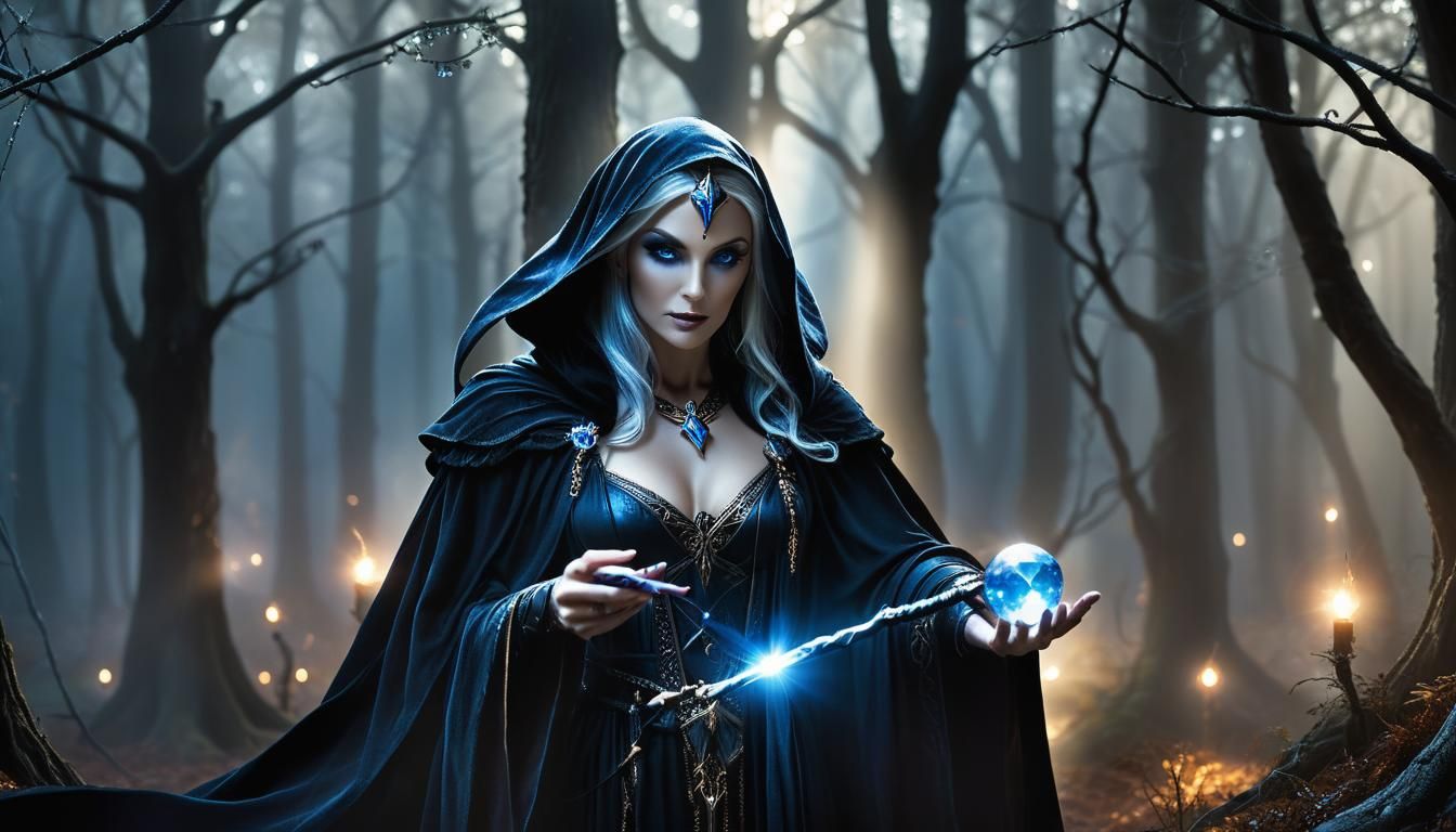 Dark elf female sorceress in flowing black robe and wearing ...