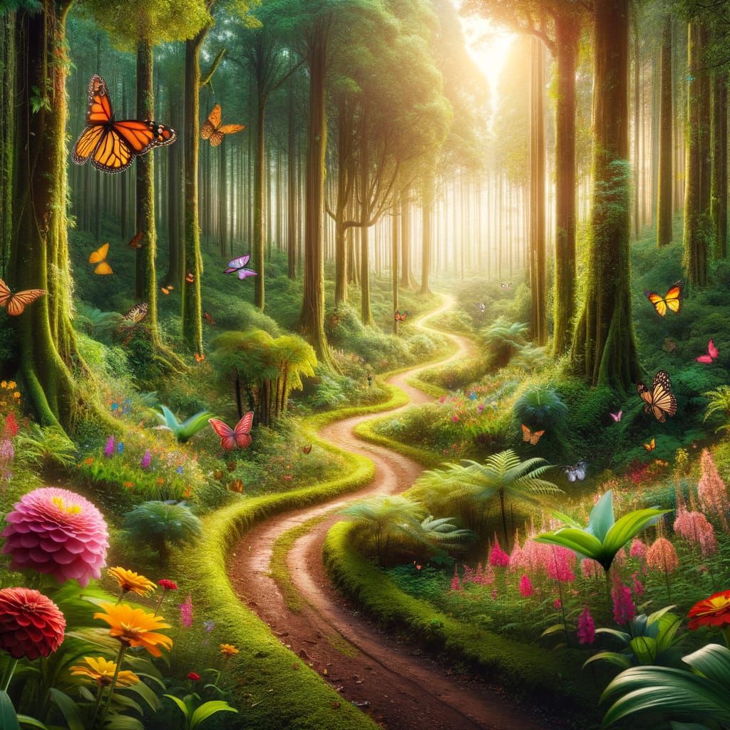 Winding Dirt Path Through a Vibrant Evergreen Forest