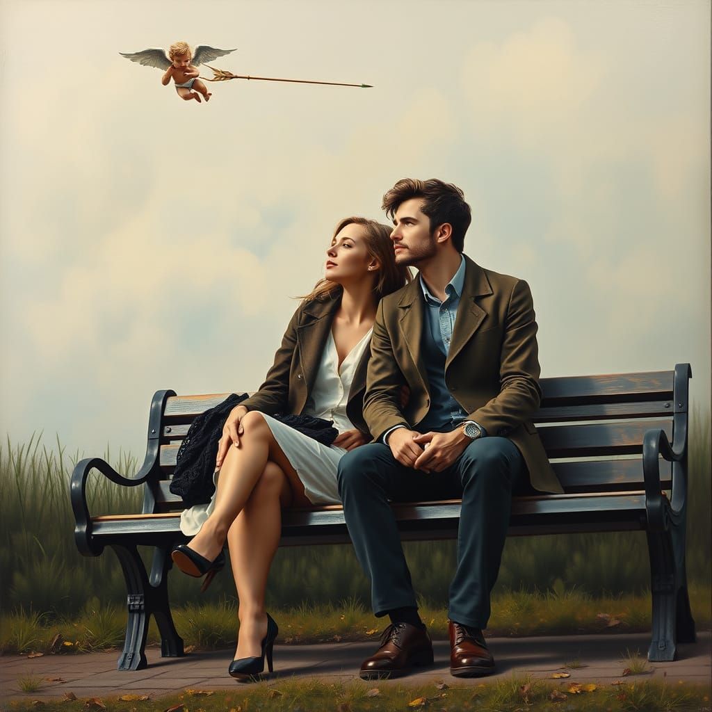 Cupid's Missed Shot: A Surreal Encounter in Oil