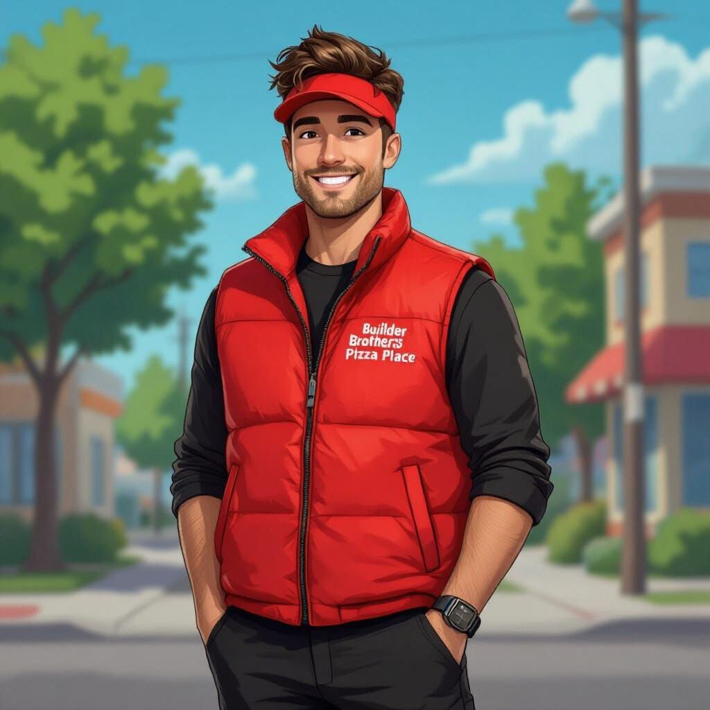 Pizza Place Employee in Red Vest and Black Pants