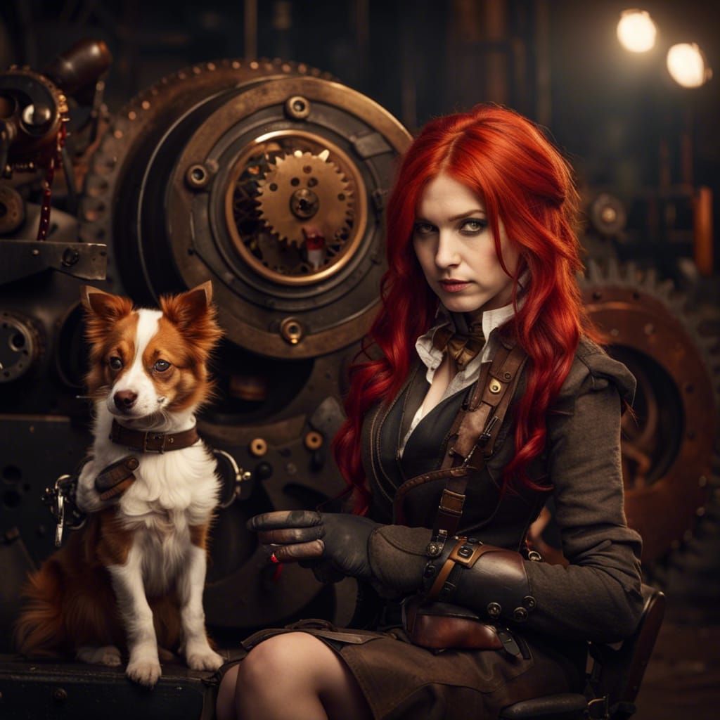 Red-Haired Girl Plays with Dog near Steampunk Engine