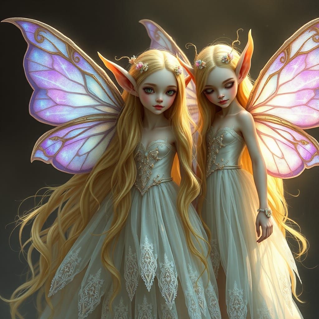 Tieflings with porcelain-like pale skin, delicate facial features, and intricate, ethereal wings in shades of iridescent...