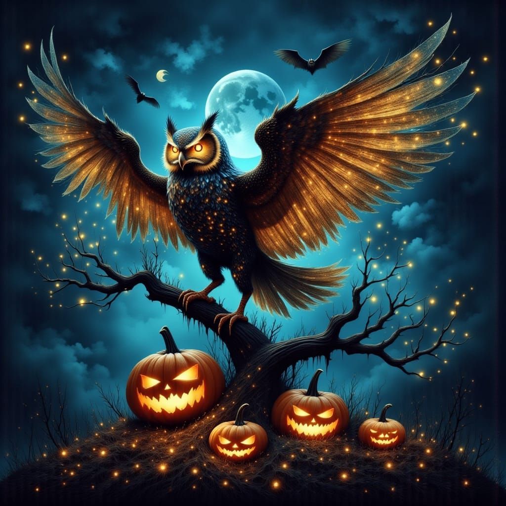 Magical Halloween Owl on Scary Tree with Bats and Pumpkins